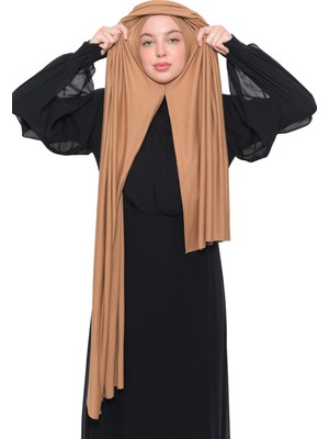 Altobeh Hazır Pratik Geçmeli Lüks Organik Düz Penye Şal Çapraz Hizalı-Koyu Bej