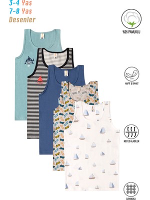 Özkan Underwear 31800 5'li Paket Erkek Çocuk Karışık Renkli Desenli Pamuklu Yumuşak Rahat Kalın Askılı Atlet