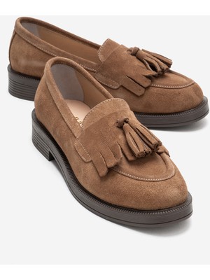 Luvi Milina Toprak Süet Püsküllü  Deri Kadın Loafer Ayakkabı