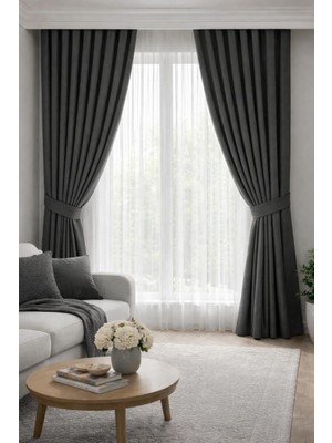 Shy Tekstil Elegance Paris Serisi Antrasit Renkli Keten Fon Perde Düz Desen 1 Adet Yıkanabilir