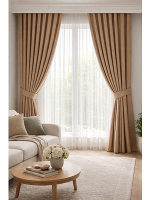 Shy Tekstil Lüks 1.sınıf Elegance Paris Serisi Bej Keten Tek Kanat Fon Perde Düz Dikim