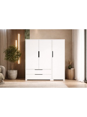 Vertex Mobilya Flora 3 Kapaklı 2 Çekmeceli Gardırop Beyaz Elbise Dolabı