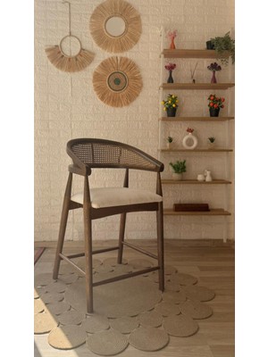 Silla Concept Gazel Bar Sandalyesi Teddy Krem Kumaş Hasırlı Ceviz Ahşap Ada Sandalye