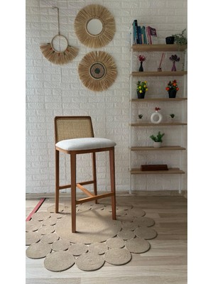 Silla Concept Ross Bar Sandalyesi Teddy Krem Kumaş Hasırlı Bar Sandalyesi Naturel Ahşap Ada Sandalye