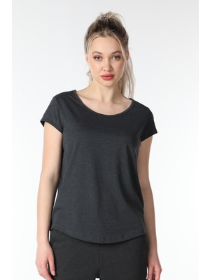 Defy's Kadın Kayık Yaka Kısa Kollu Regular Fit Basic Tişört Antrasit
