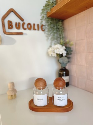 UltraMint 2’li Ahşap Kapaklı Cam Pamukluk Seti, Kulak Pamukluğu, Orta Boy Stand