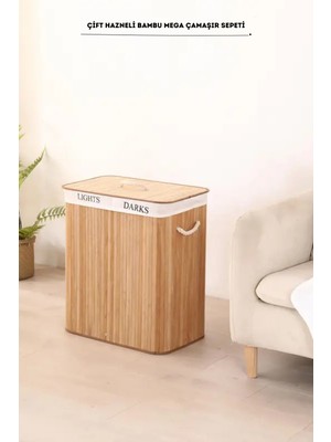 UltraMint Iki Bölmeli Yıkanabilir Katlanabilir Bambu Çamaşır Sepeti 41X31X50 cm