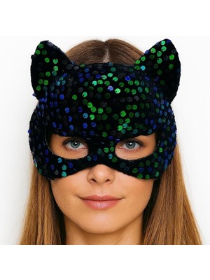 Fırsatkolik Siyah Kadife Kumaş Üzerine Mavi Yeşil Payetli Pullu Parti Maskesi 16X14 cm