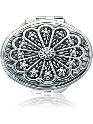 925 Ayar Gümüş Papatya Motifli Kapaklı Oval El Aynası KR2550057