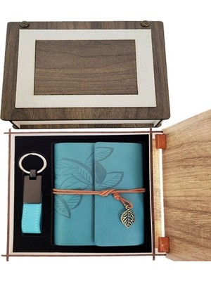 Fırsatkolik Özel Ahşap Kutulu Mavi Deri Defter ve Anahtarlık Set
