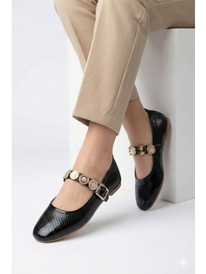 Nmoda Rugan Yumuşak Tuğra Tokalı Şık Kadın Babet Ortopedik Hafif Taban Deri Cilt