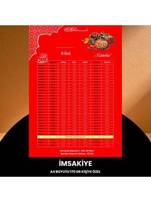 Fırsatkolik Ramazan Imsakiyesi - 170 gr - A4 Boyut Kişiye Özel Isimli & Logolu 100 Adet Kırmızı