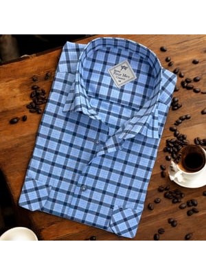 Eren Style Linen Keten Klasik Uzun Kollu Iki Cepli Kapaklı Mavi Baba Gömleği (Regular Kalıp)