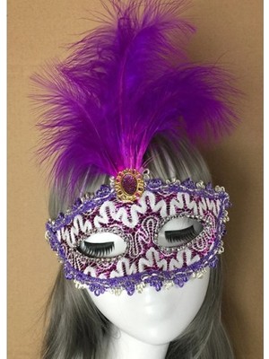 Fırsatkolik Mor Dantel Işlemeli Mor Tüylü Balo Parti Maskesi 17X20 cm