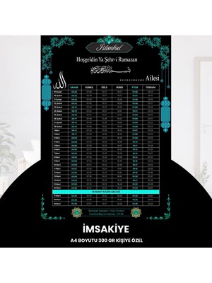 Fırsatkolik Ramazan Imsakiyesi - 300 gr - A4 Boyut Kişiye Özel Isimli & Logolu 1 Adet Siyah-Mavi