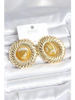 Clariss Pirinç Gold Renk Kehribar Boncuklu Vintage Kadın Küpe -KP-1540