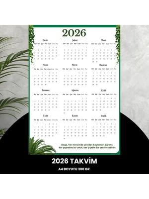 Fırsatkolik Takvim 2026 Premium A4 300 gr Dijital Baskı Yeşil Yaprak