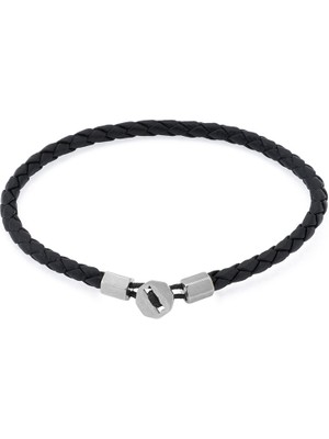 Gümüş Kaplama Çelik Siyah Deri Erkek Bileklik