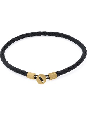 Altın Kaplama Çelik Siyah Deri Erkek Bileklik