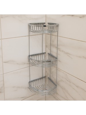 UltraMint 3 Katlı Parlak Krom Köşe Süngerlik, Şampuan ve Sabun Rafı