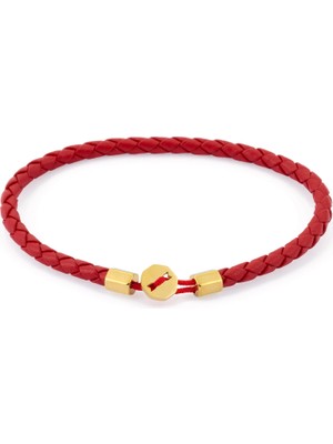 Altın Kaplama Çelik Kırmızı Deri Erkek Bileklik