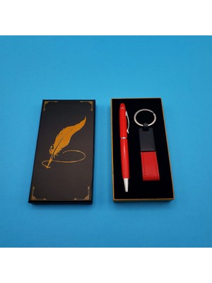 Fırsatkolik Kutulu Kırmızı Deri Anahtarlık ve Touchpen Tükenmez Kalem Hediye Seti