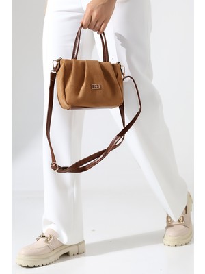 BALANZ Taba Kadın Nubuk Çanta Astarlı Fermuarlı - Çapraz Askılı Omuz ve El Çantası Küçük Boy