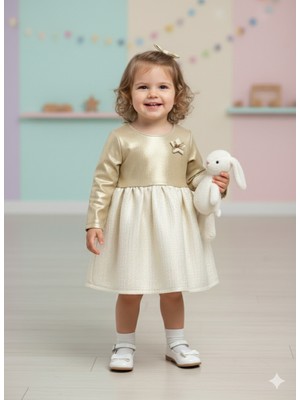 Dudese Kız Çocuk Işıltılı Gold Detaylı Uzun Kollu Elbise