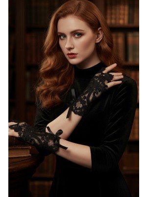 Siyah Parmaksız Eldiven - Vintage Stil Şeffaf Işlemeli  - Gotik El Aksesuarı