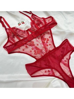 Kalp Desenli Kırmızı Transparan Tül Balenli Fantazi Bodysuit