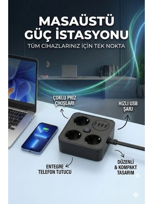 Mey İthalat Akım Korumalı Avrupa Soket Kartı Tip-C USB 2 M Uzatma Kablosu Emniyet Anahtarı ile