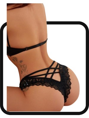 Zarvia Siyah Tanga Dantel Detaylı Şeritli Seksi Şık V Kesim