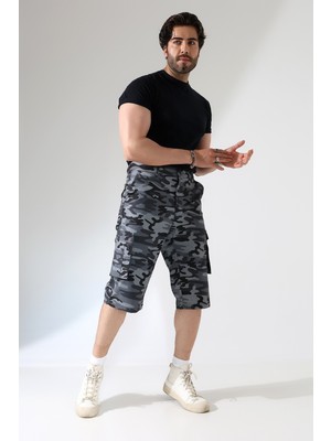 sports here Kapri Kargo Cepli Keten Kamuflaj Desenli Mevsimlik Pantolon