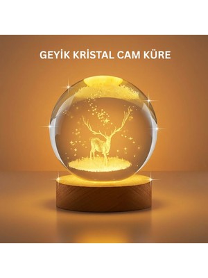 Fırsatkolik 3D Geyik Desenli Kristal Küre USB Işıklı Ahşap Tabanlı Oda Lambası