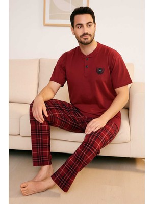 Tenra Kısa Kollu Erkek Pijama Takımı %100 Pamuk Düz Desenli Bordo Renk ile Cool & Comfy