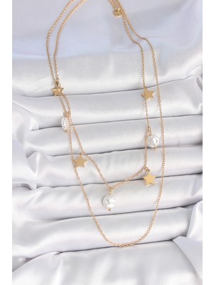 316L Çelik Gold Renk 2'li Zincir Sallantı Yıldız Inci Model Kadın Kolye - Lisinya