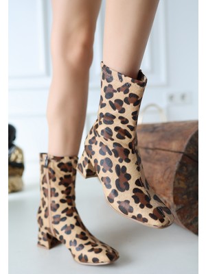 Birta Leopar Cilt Streç Topuklu Bot - Lisinya
