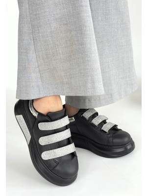 Elika Siyah Cilt Simli Cırt Cırtlı Spor Ayakkabı - Lisinya