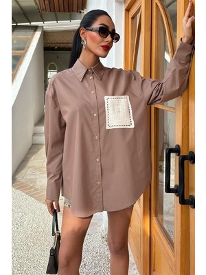 Yeşil Sarmaşık Süzine Cepli Arkası Yırtmaçlı Oversize Gömlek 3420