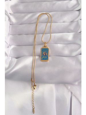 316L Çelik Gold Renk Mavi Mineli El Figür Tarot Kolye - Lisinya
