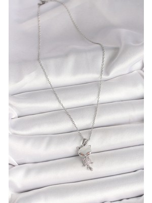 316L Çelik Gümüş Renk Zincir Zirkon Taşlı Kedi Model Kadın Kolye - Lisinya