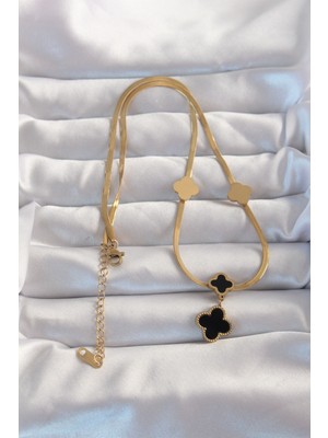 316L Çelik Gold Renk Italyan Zincirli Mineli Yonca Kolye - Lisinya