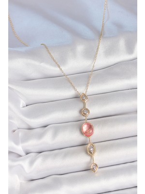 Pirinç Zincir Pembe Gold Renk Zirkon Taşlı Y Kolye - Lisinya