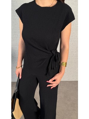 Serac Collection Kadın Kısa Kollu Bisiklet Yaka Yandan Bağlamalı Bürümcük Bluz ve Pantolon Ikili Takım