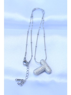 316L Çelik Zincirli Zirkon Taşlı T Harfli Gümüş Renk Bubble Kolye - Lisinya