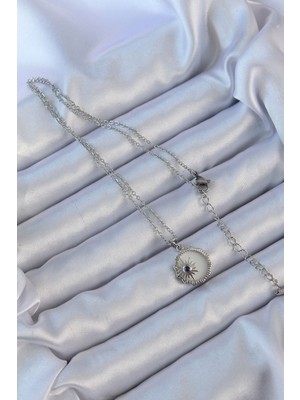 316L Çelik Gümüş Renk Zirkon Taşlı Mineli Kutup Yıldızı Kolye - Lisinya