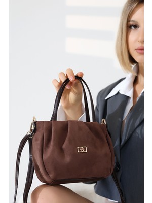 BALANZ Kahverengi Kadın Nubuk Çanta Astarlı Fermuarlı - Çapraz Askılı Omuz ve El Çantası Küçük Boy