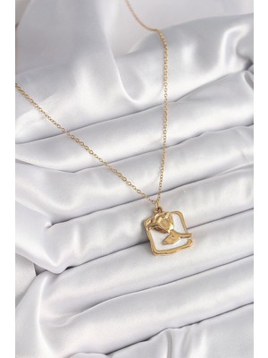 316L Çelik Gold Renk Zincir Beyaz Mineli Gül Portre Model Kadın Kolye - Lisinya