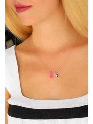 Nazar Boncuklu Pembe Renk Taşlı Rose Bayan Kolye - Lisinya