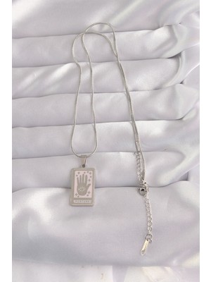 316L Çelik Gümüş Renk Pembe Mineli El Figür Tarot Kolye - Lisinya